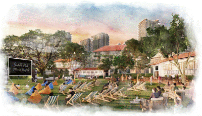 Artist's impression of an outdoor movie screening on a lush lawn at dusk