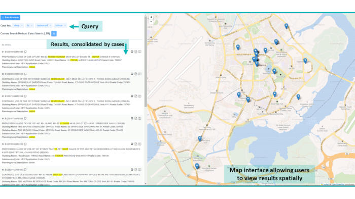 Search results of cases (shop, restaurant, etc.) displayed on a map interface.