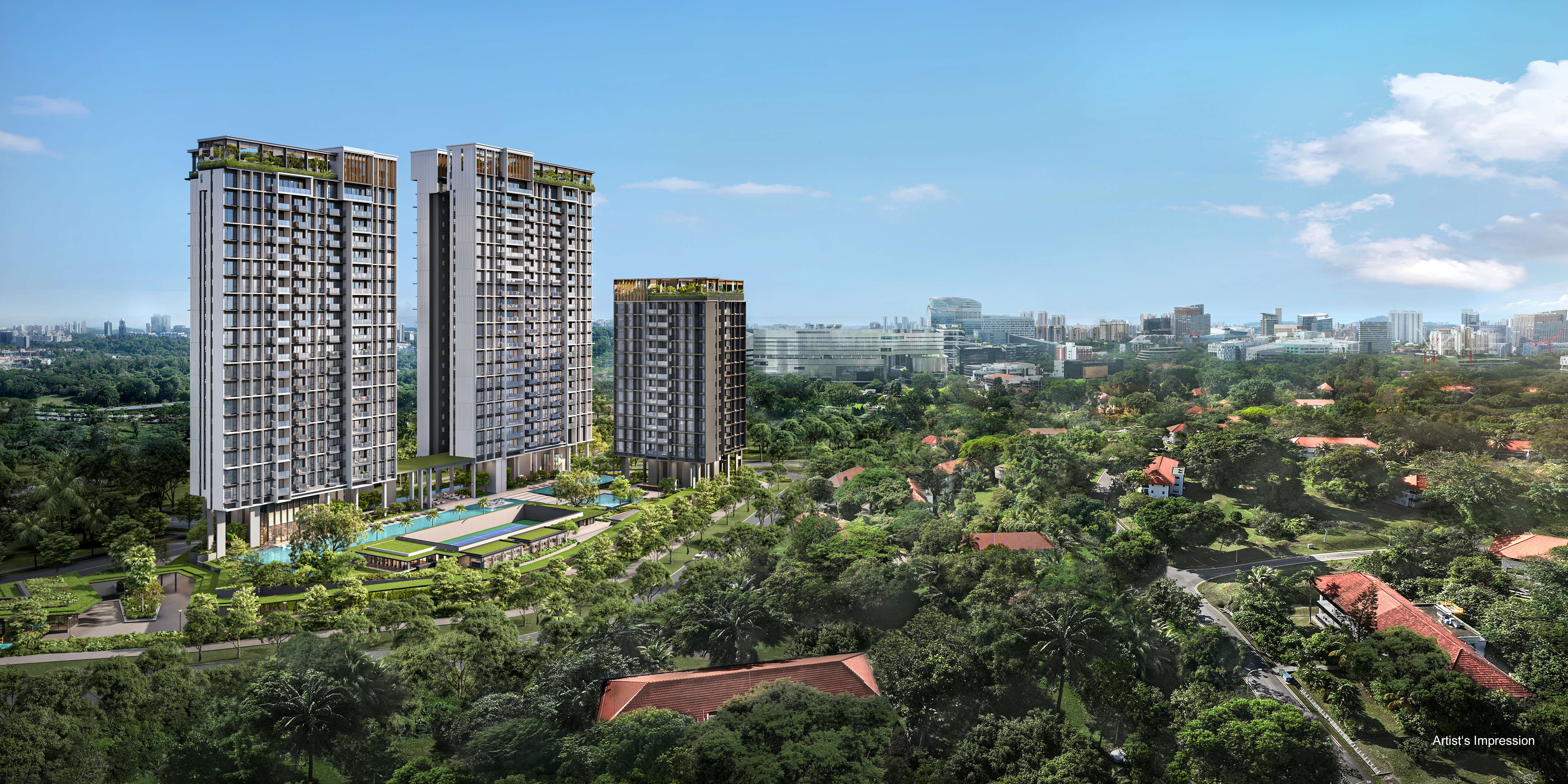 Rendering of three modern apartment buildings surrounded by trees and a cityscape under a blue sky.