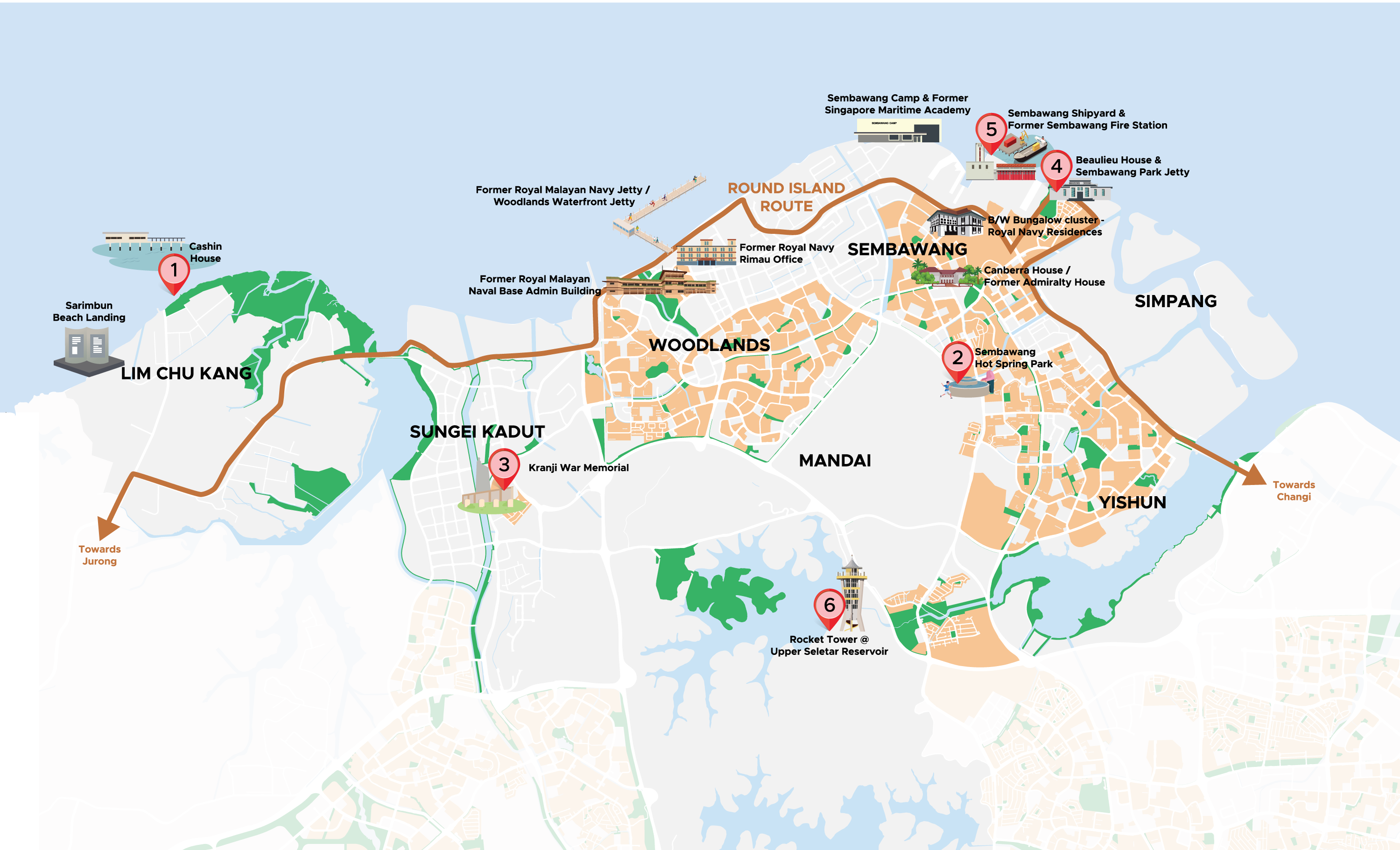 Map of northern Singapore highlighting landmarks and route. Notable locations include Cashin House, Kranji War Memorial, and Sembawang Hot Spring Park.