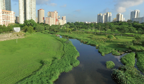 Park with river and tall buildings in the background on a sunny day.