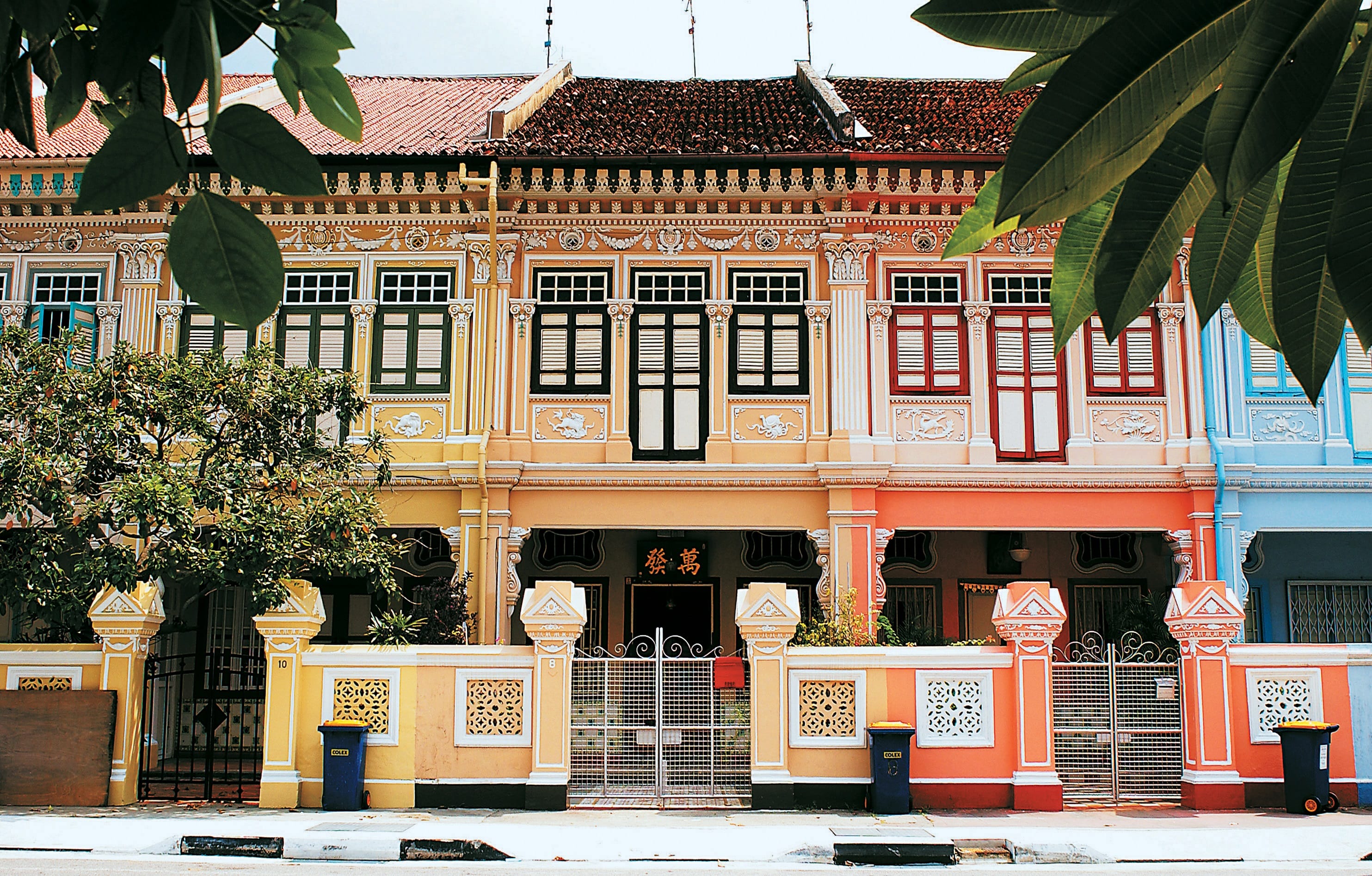 Colorful Peranakan-style shophouses in Singapore, framed by trees. Buildings are yellow, orange, coral, and blue.