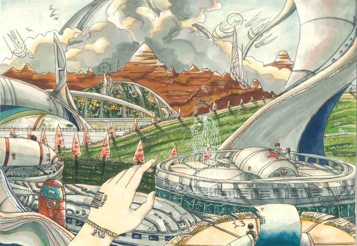 Watercolor of futuristic city with white buildings, green hills, and pyramid-like mountains. A hand with a barcode tattoo points into the scene.