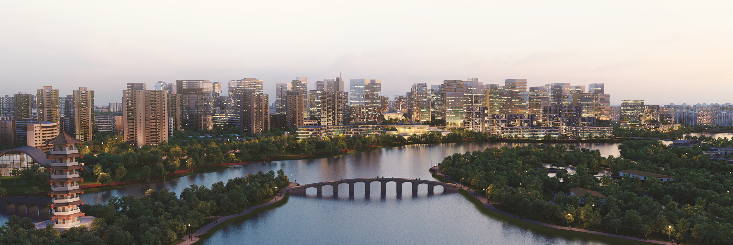 Cityscape with buildings reflected in a lake, featuring a bridge and pagoda.