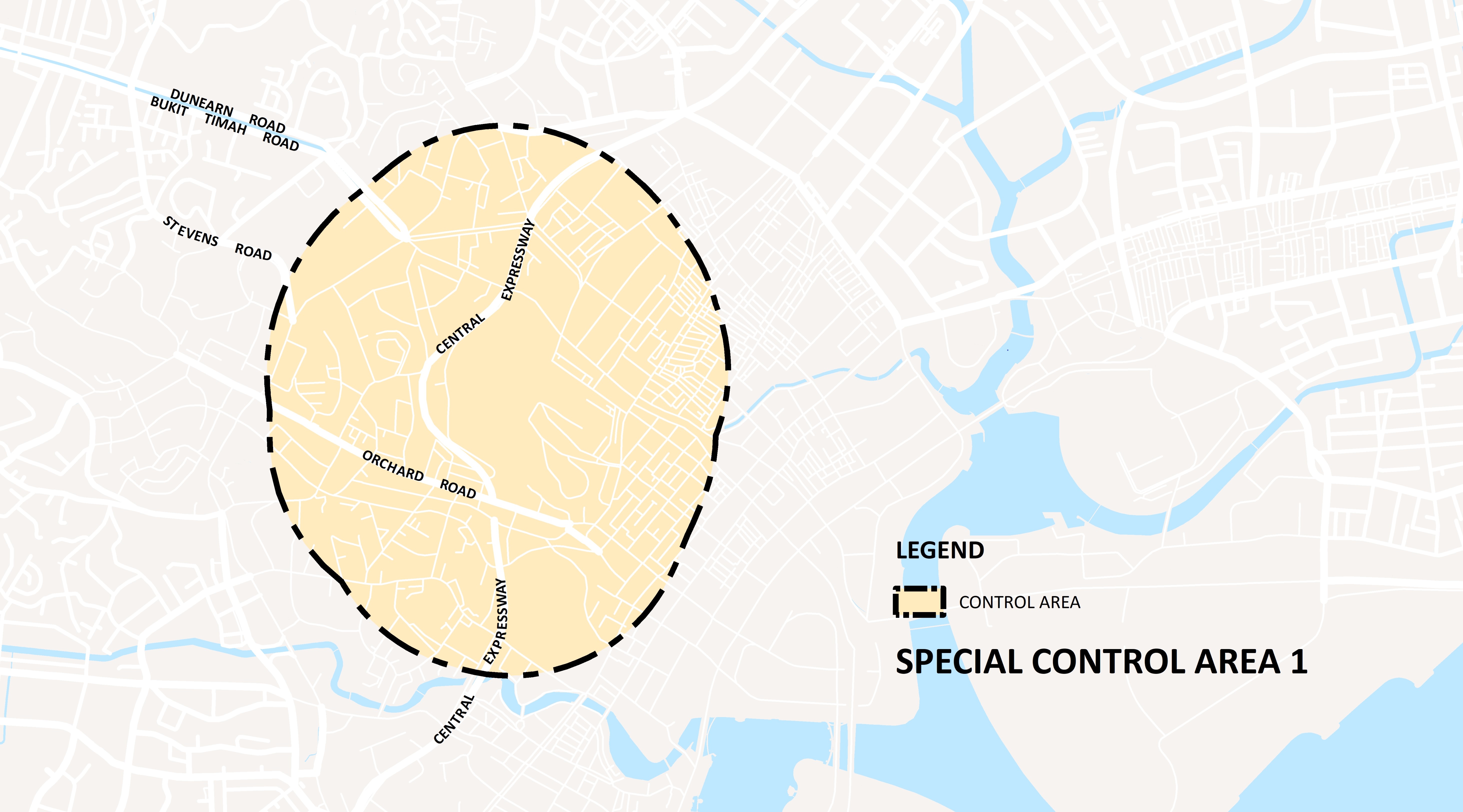 Map of "Special Control Area 1" in Singapore, highlighting the area with a dashed line and yellow fill. Key roads are labeled.
