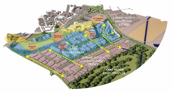 A 3D architectural rendering of the Changi Business Park area with highlighted hubs and infrastructure.