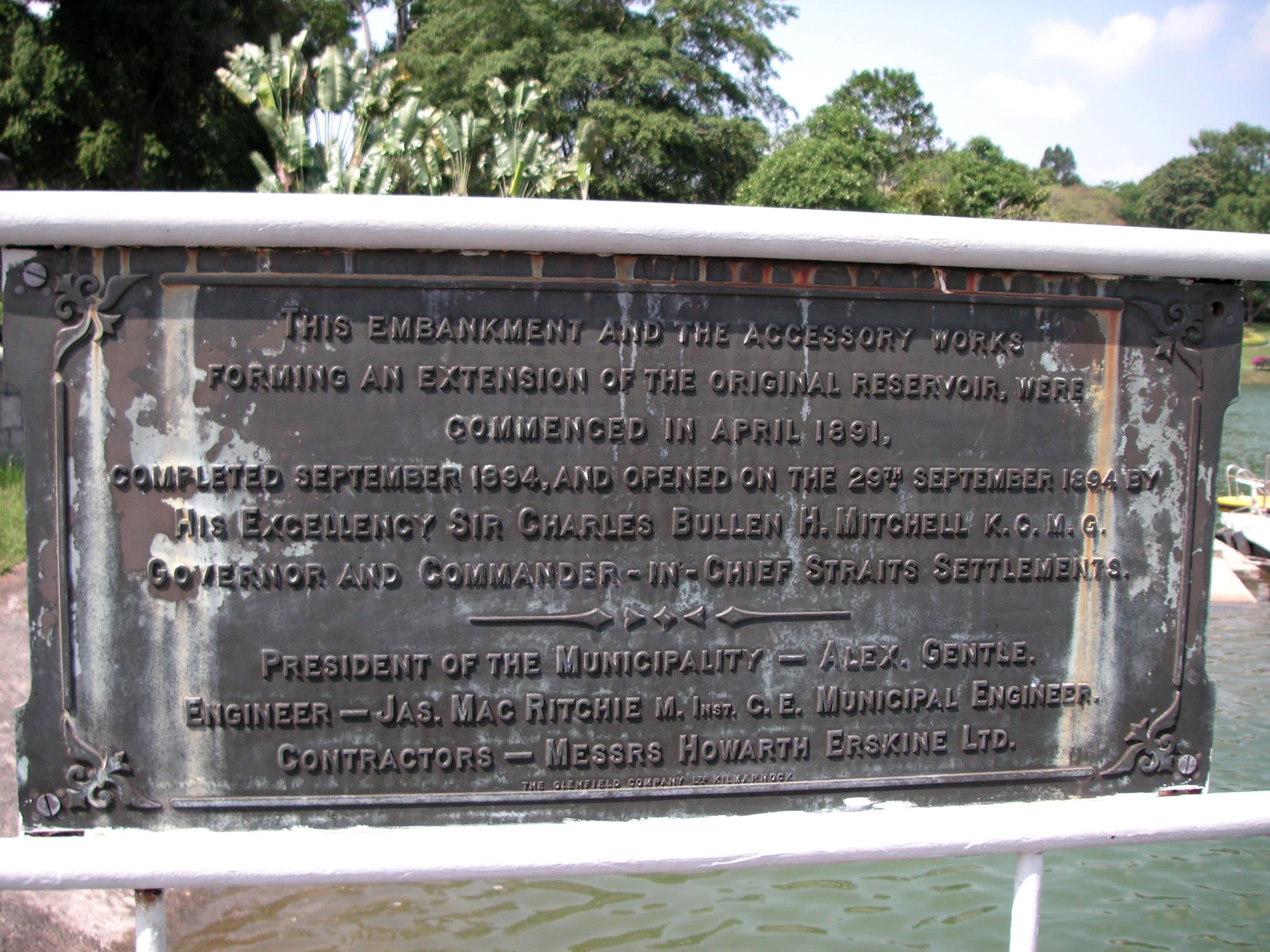 Historic plaque recording the 1894 completion and opening of MacRitchie Reservoir works
