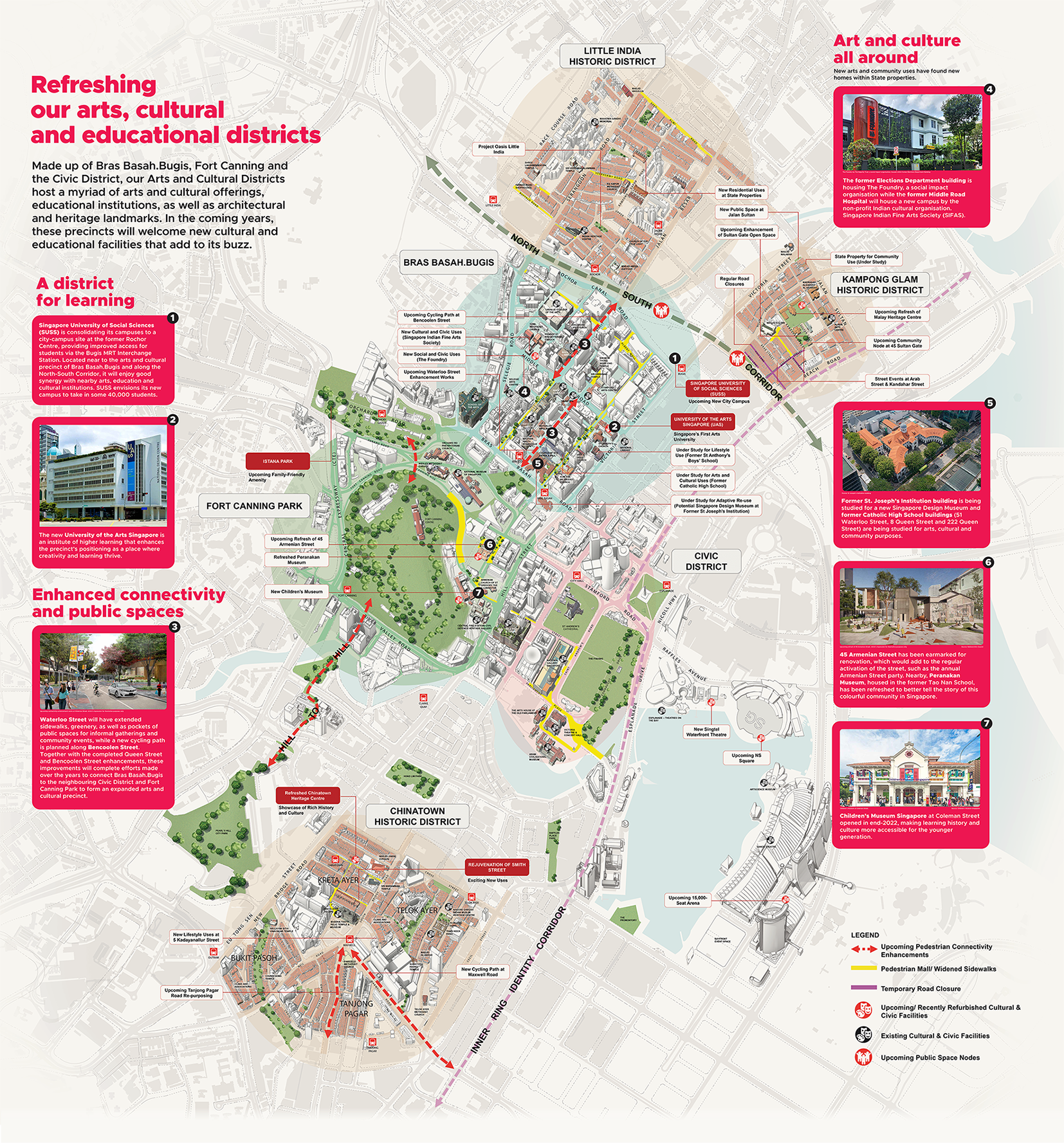 Map of Singapore's arts, cultural, and educational districts, showing planned enhancements and landmarks.