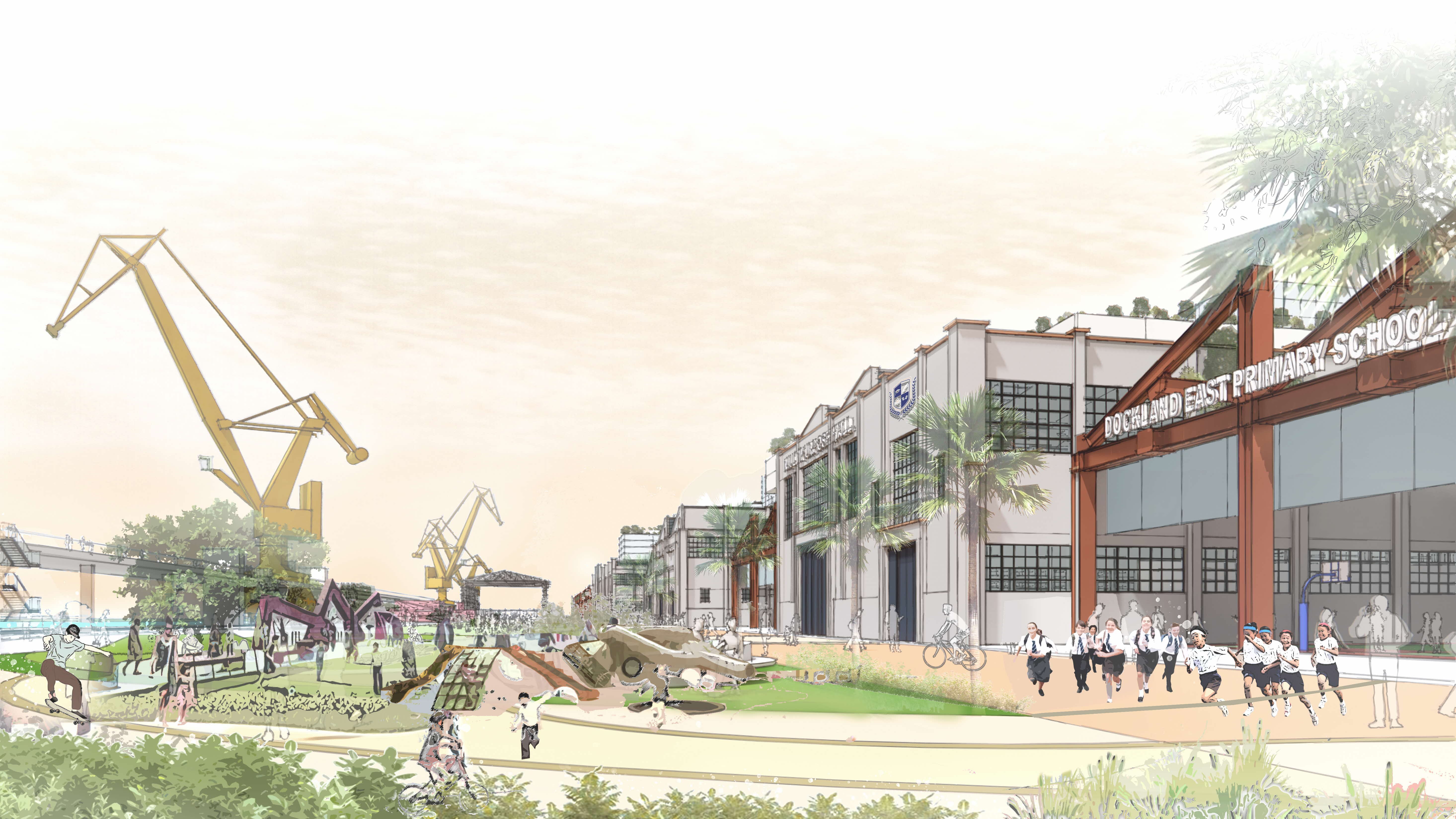 Architectural rendering of Dockland East Primary School with cranes, a playground, and children playing.