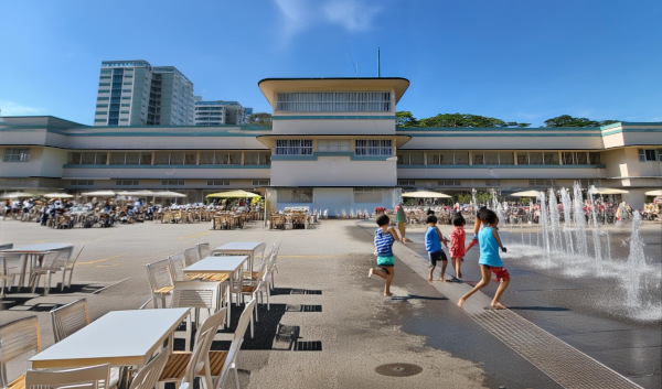 Kids play in a fountain outside a building with tables and chairs in the background.