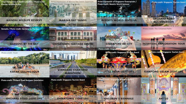Collage of Singapore attractions, including Gardens by the Bay, Marina Bay Sands, and Chinatown. Images highlight cultural and natural landmarks.