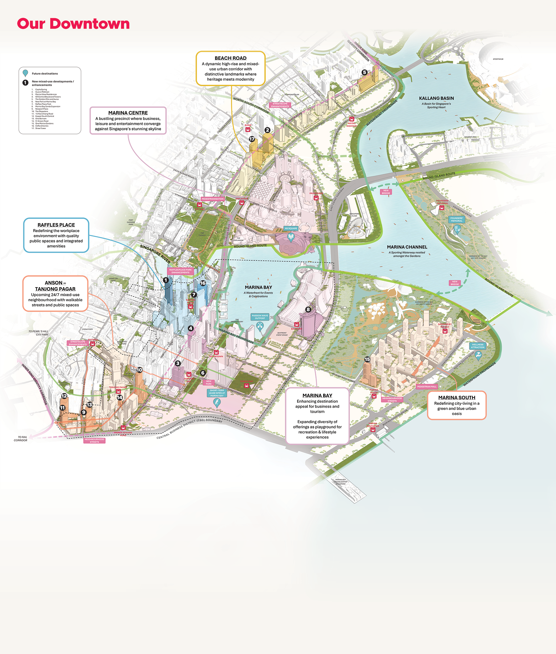 Map of Singapore's downtown area highlighting key districts and future developments with labels and descriptions.