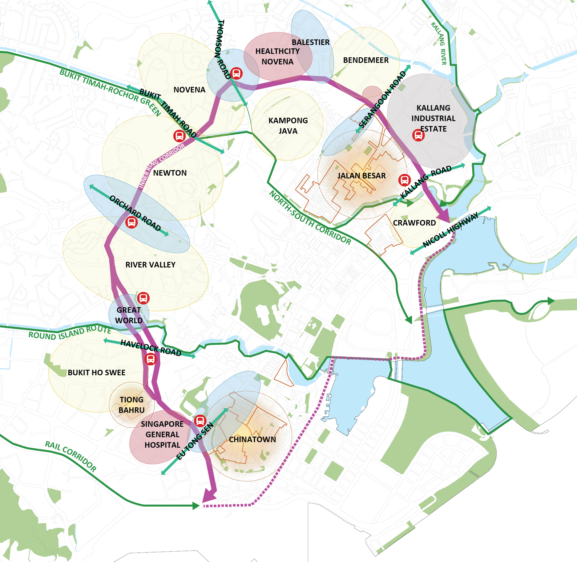 Map of Singapore showing green corridors and public transportation routes, highlighting areas like Orchard Road, Chinatown, and Kallang.