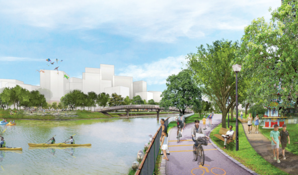 Rendering of a waterfront park with people kayaking, walking, and cycling along a paved path. Buildings are in the background.