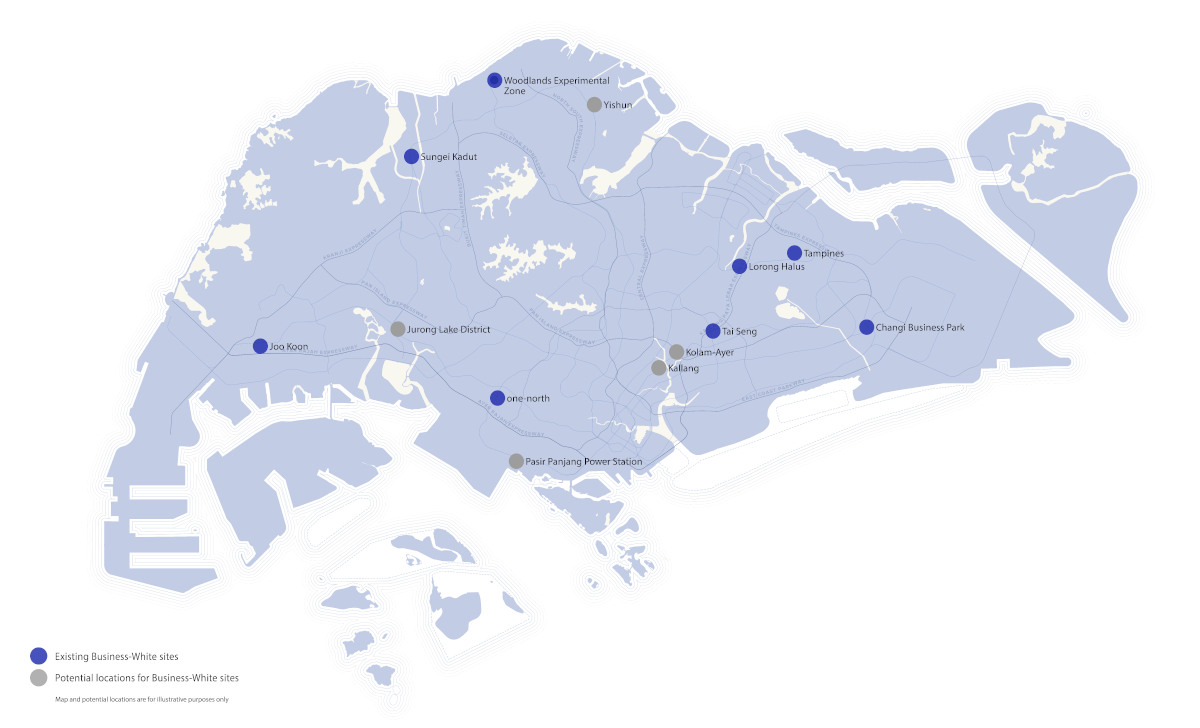 Map of Singapore showing existing (blue) and potential (grey) business sites. Locations are labeled.