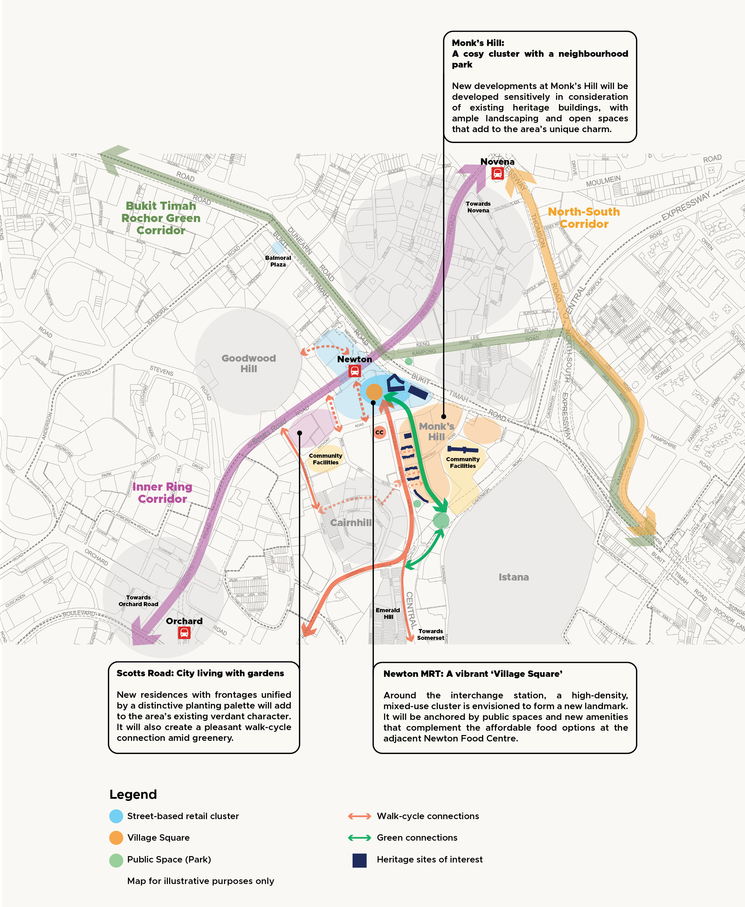 Map of proposed developments in the Newton area of Singapore, highlighting green and walk-cycle connections.