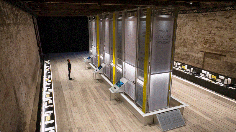 Values Measurement Machine, a spectacular series of analogue plotting machines that mark visitors’ responses on 5-metre-tall calligraphic scrolls. Photographers: Claudio Martin and Chiara Becattini
