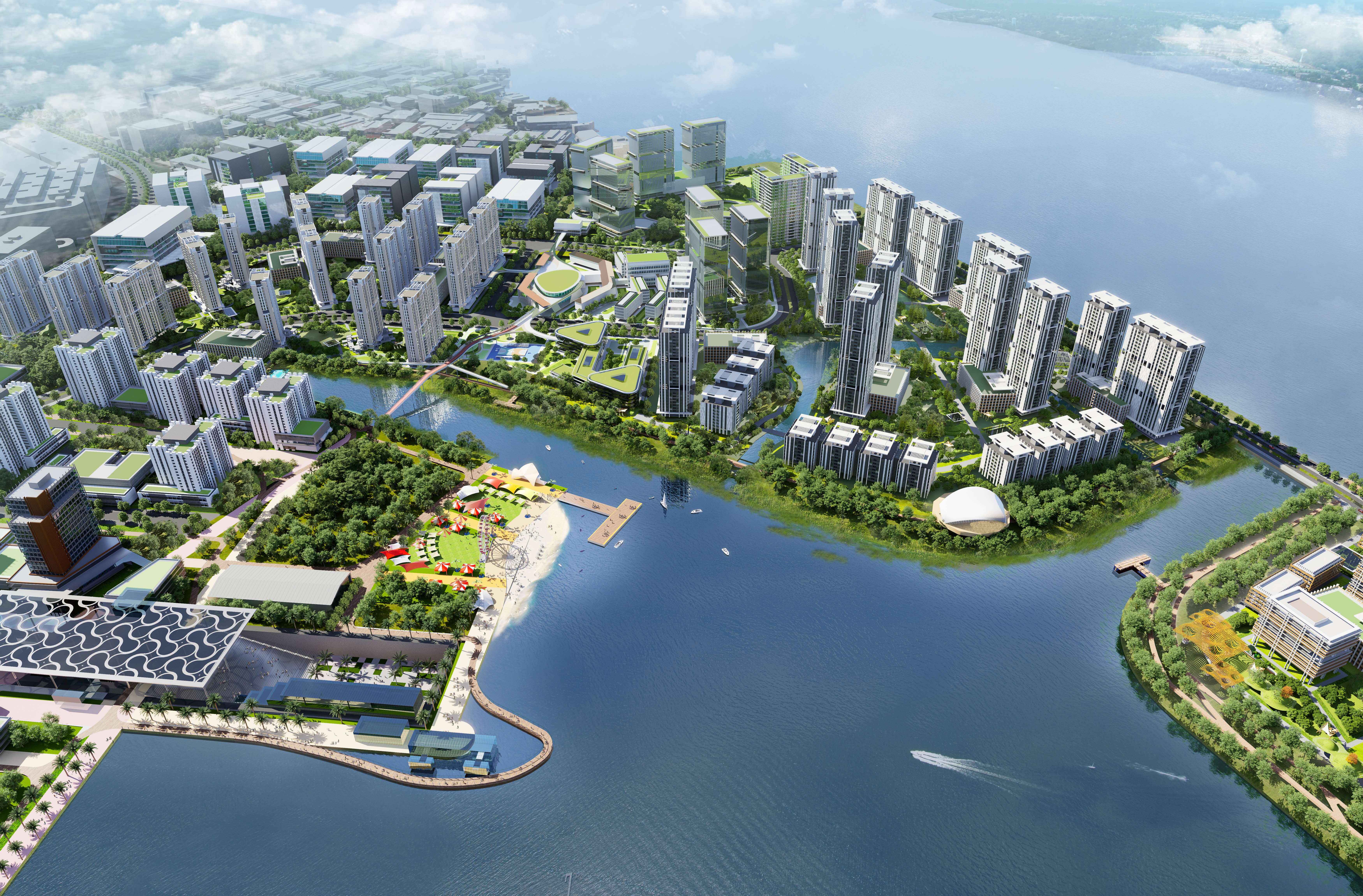 3D aerial render of high-rise residential blocks along seafront