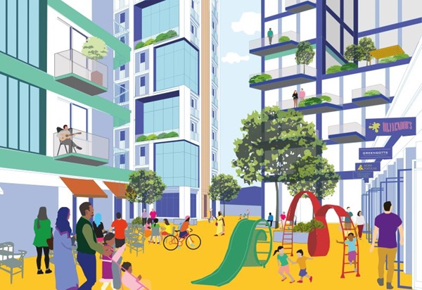 Illustration of a vibrant urban scene with apartments, shops, a playground, and diverse people enjoying public space.