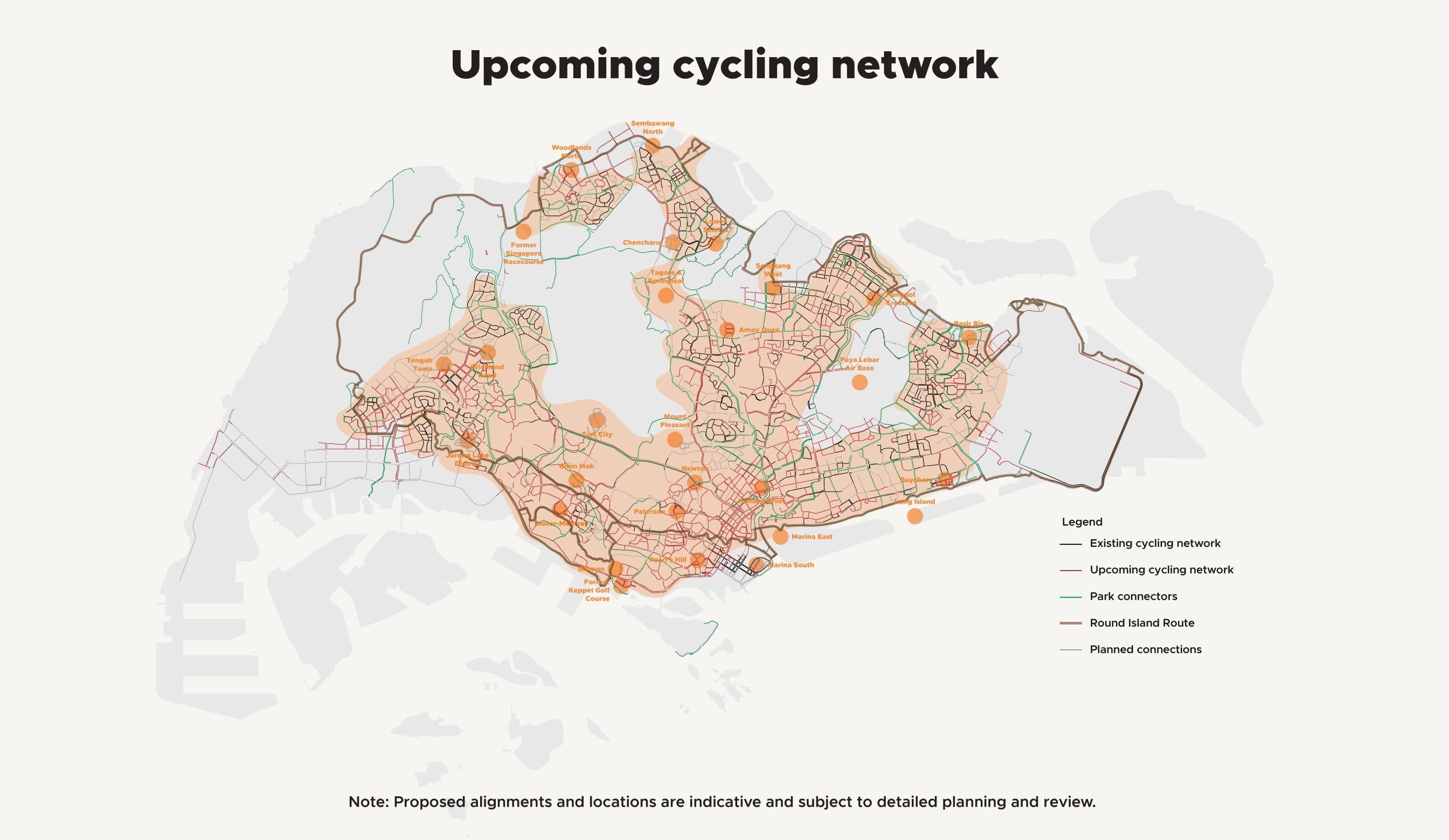 Map of Singapore showing the existing and upcoming cycling network, park connectors, and planned connections.