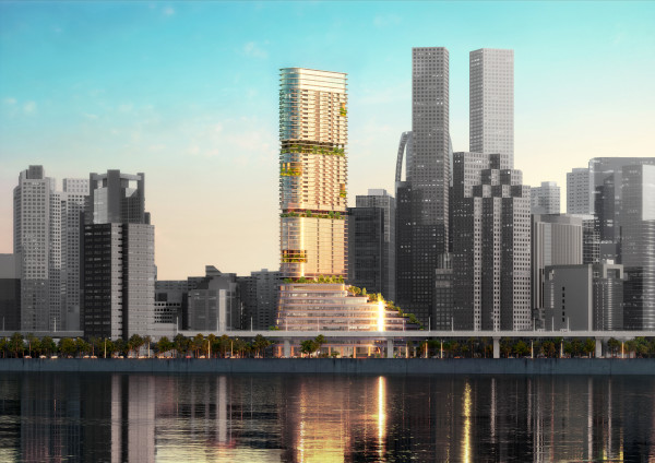 Rendering of a modern high-rise building with greenery and a riverfront view, silhouetted by other skyscrapers.