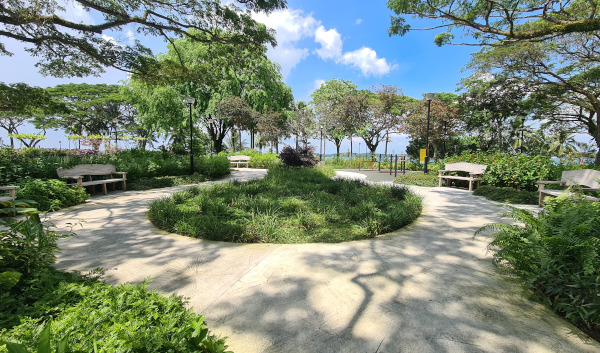 A park path with benches and a circular flower bed under trees and a blue sky.