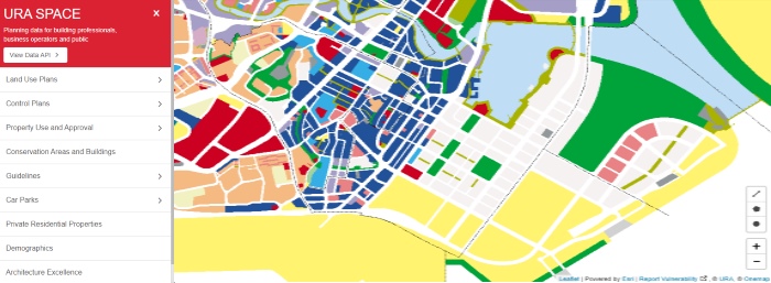 A colorful urban map from URA SPACE showing land use zones in various colors.