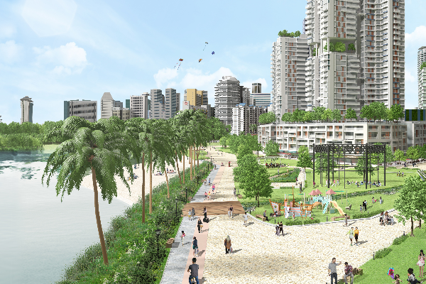 Artist impression of Kampong Bugis waterfront with park, housing and people walking along river.