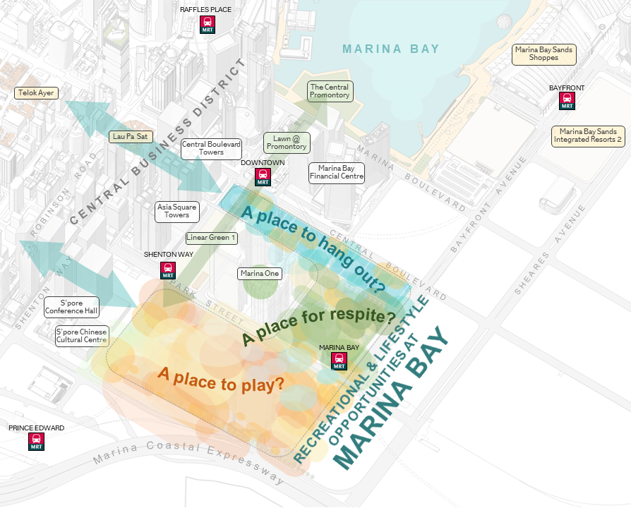 Map of Marina Bay area in Singapore, highlighting recreational and lifestyle opportunities.