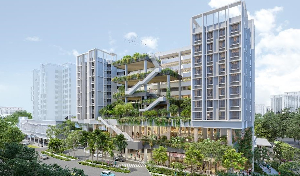 Architecture rendering of a multi-story building with greenery and a central staircase.