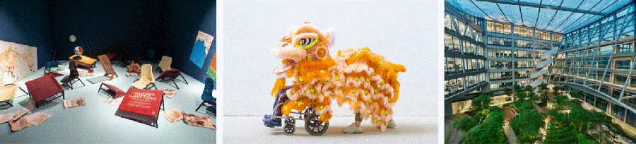 Collage of three images: a dimly lit installation with scattered furniture and maps, a colourful lion dance costume on a wheelchair, and a bright atrium interior with lush greenery.