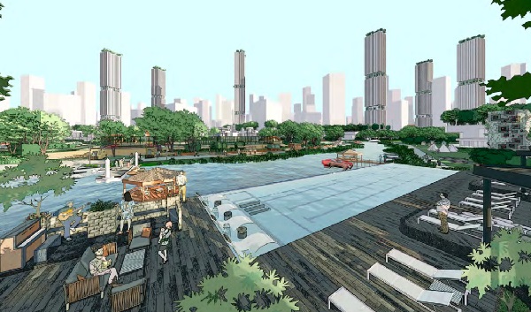 Architectural rendering of a waterfront cityscape with modern high-rise buildings, parks, water features, and people.