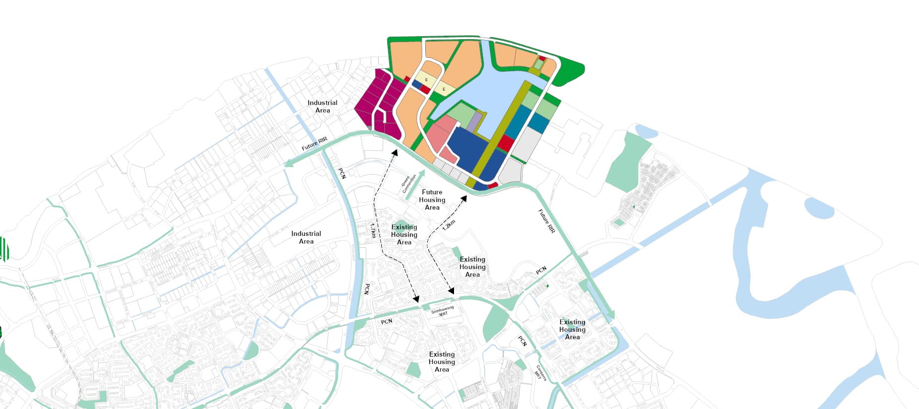 Map showing existing and future housing and industrial areas with infrastructure like roads and Park Connector Network(PCN)routes.