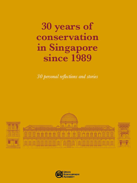 Book cover: "30 years of conservation in Singapore since 1989". Illustration of a building with a dome.
