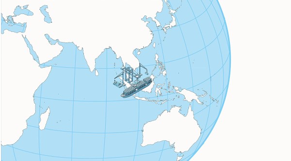Illustration of globe showing a cargo ship at a port in Southeast Asia.