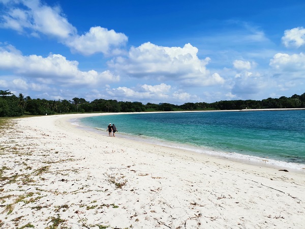 Scenic beach view: white sand, turquoise water, lush green trees lining the shore under a blue sky with fluffy clouds. Two people walk along the water's edge.