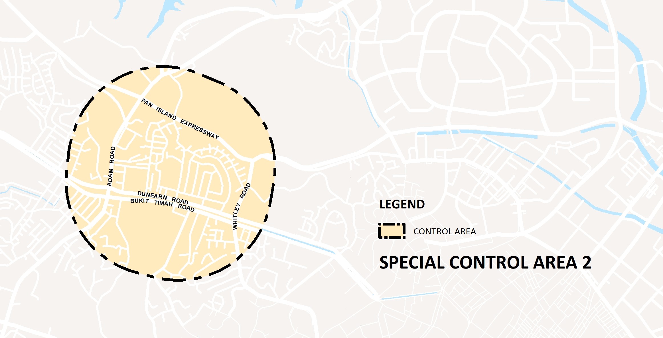 Map of Special Control Area 2, showing roads within a dotted circle and a legend for the control area.