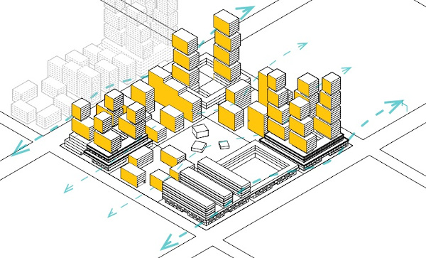Isometric architectural drawing showing city buildings as stacks of yellow and white cubes, with wind flow lines.
