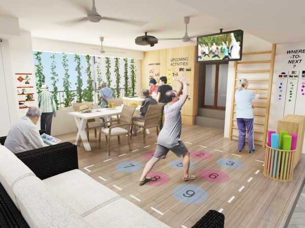 Interior view of a senior center with people doing activities like exercise and socializing.