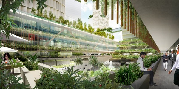 Architectural rendering of a green urban space. The multi-level buildings are filled with lush vegetation and walkways. People are seen walking and relaxing.
