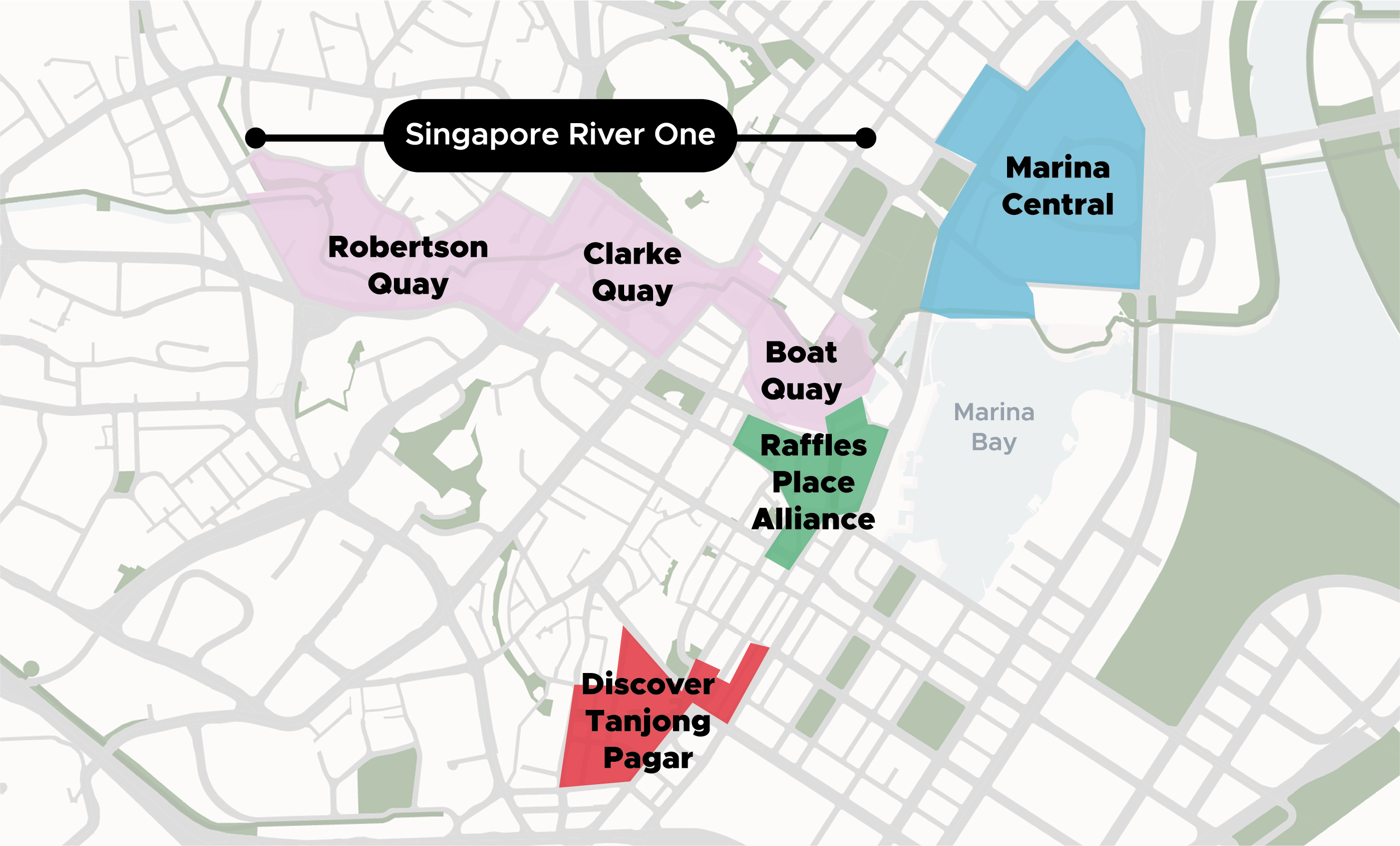 Map of Singapore River One area highlighting Robertson Quay, Clarke Quay, Boat Quay, Marina Central, Raffles Place and Tanjong Pagar.