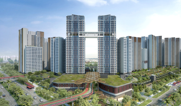 Architectural rendering of a high-rise residential complex with towers linked by a skybridge, surrounded by green spaces and other buildings.