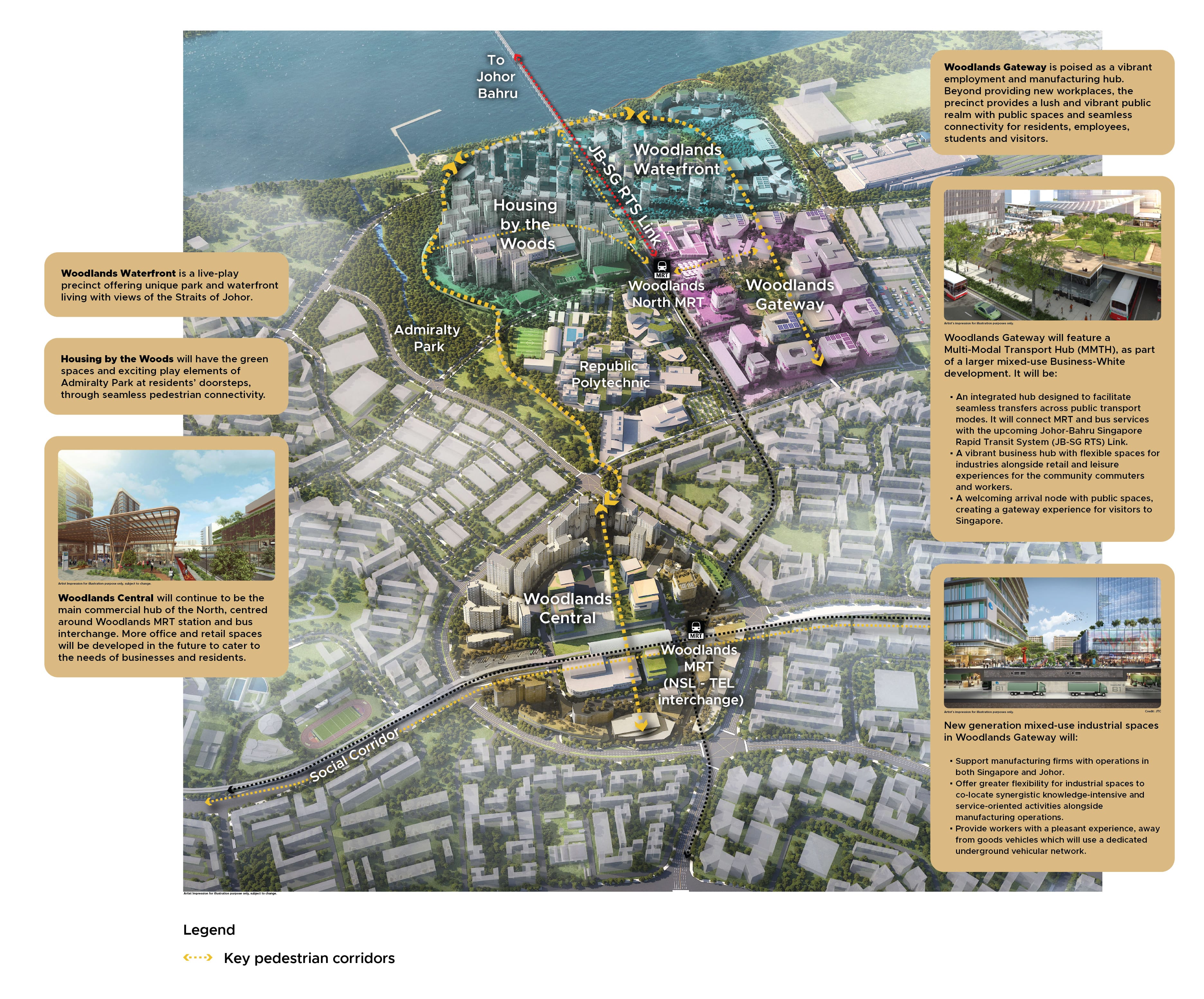 Map of the Woodlands area in Singapore showing key districts and planned developments.