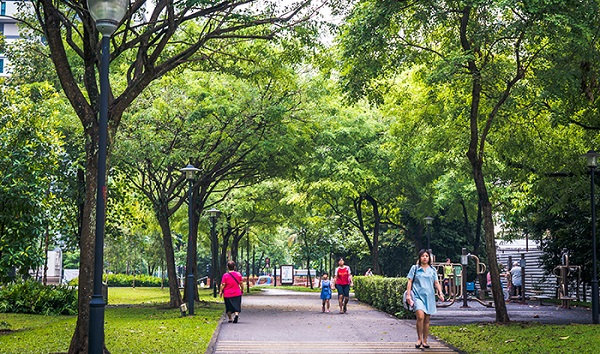 A park path lined with trees and lampposts, with people walking and exercising.