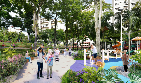 Park with playground, exercise equipment, walking path, and various people. Green trees and apartment buildings are in the background.