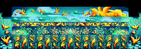 Vibrant pixel art light projection of golden birds and foliage on a building
