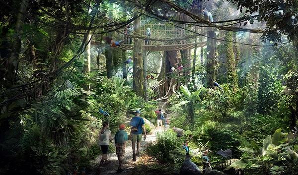 People walking through a dense rainforest with a canopy walkway and colorful birds.