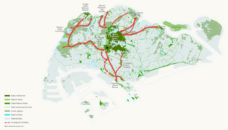 Map of Singapore showing nature reserves, parks, green spaces, waterways, and ecological corridors.