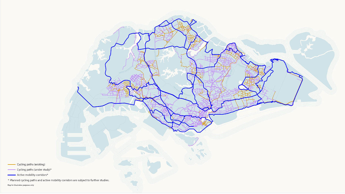 Map of Singapore showing existing, planned, and study cycling/mobility paths in orange, purple, and blue, respectively.