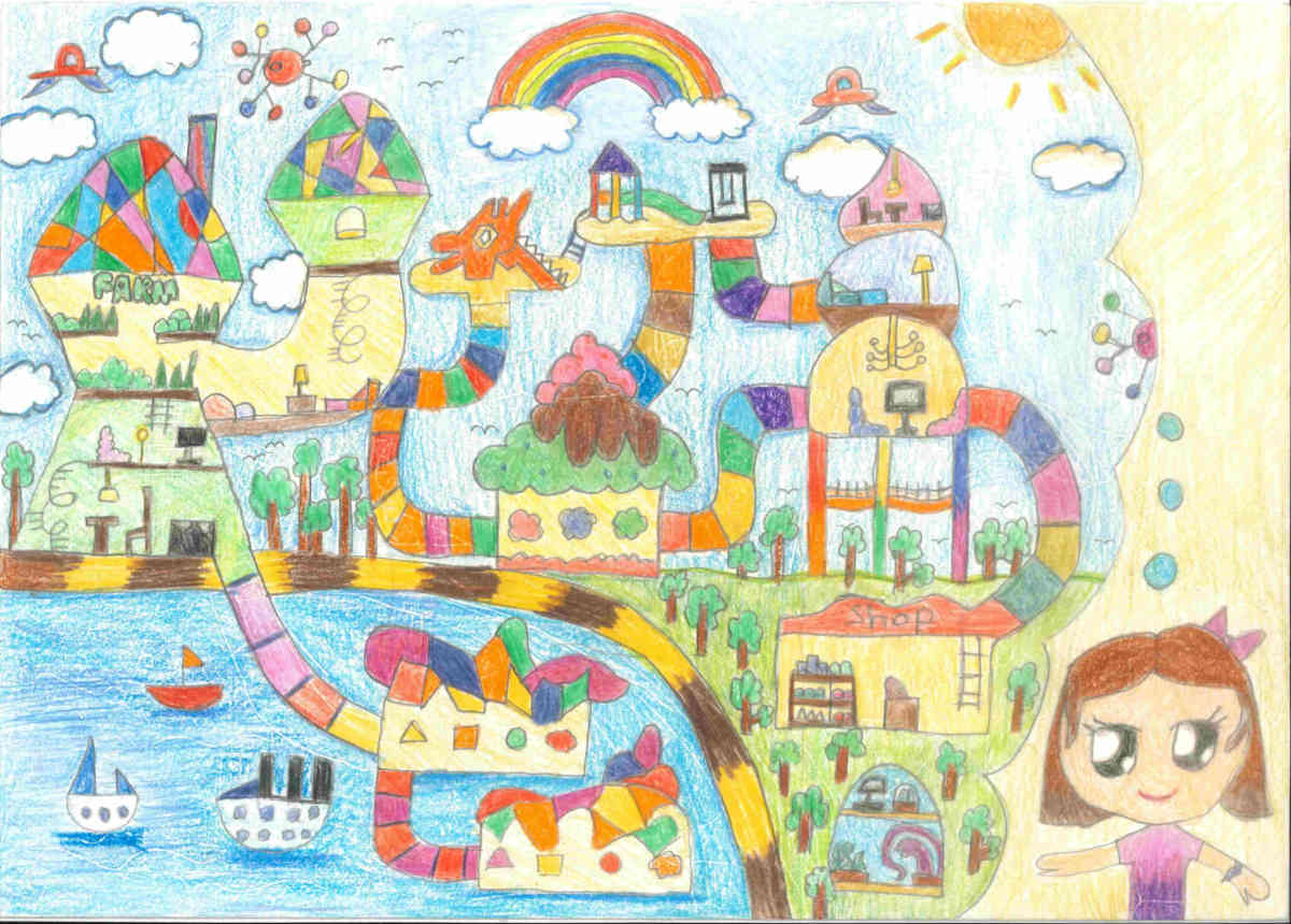 A child's colorful drawing of a whimsical fantasy landscape with buildings, bridges, and a smiling girl.